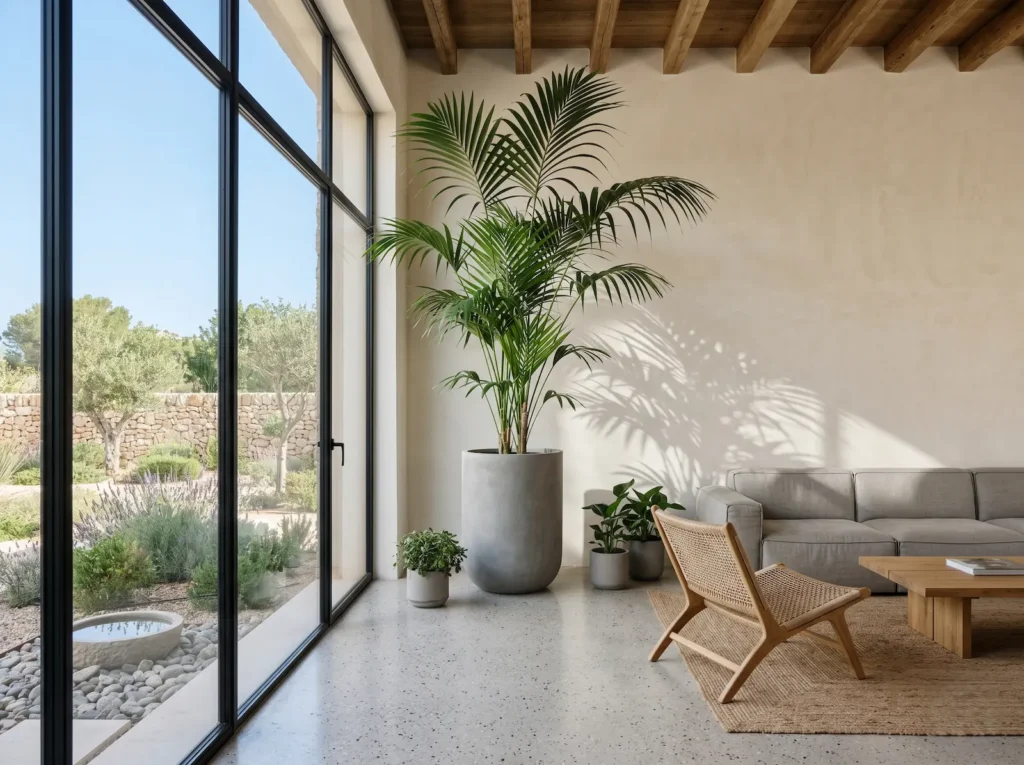 Integración paisajística de la Palmera Kentia (Howea forsteriana) aportando un volumen grácil en un salón de estética contemporánea con ventanales y luz tamizada.