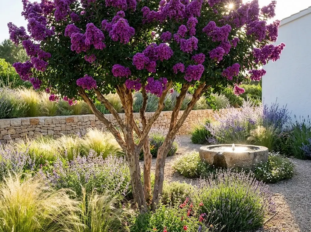 lagerstroemia indica de flor morada arbustiva integrada en pradera sostenible