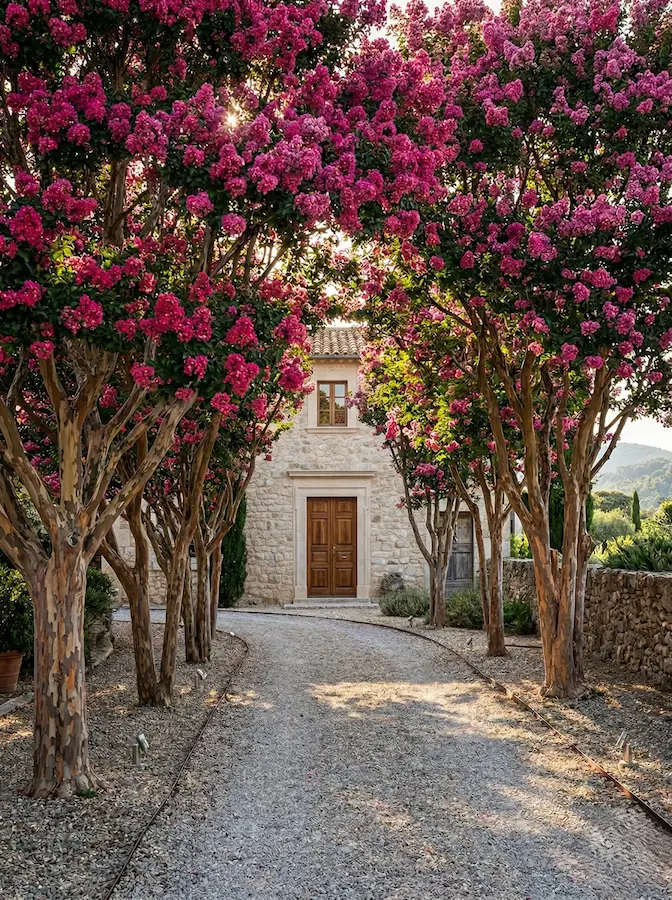 lagerstroemia indica árbol de júpiter multitronco en alineación flanqueando camino de árido