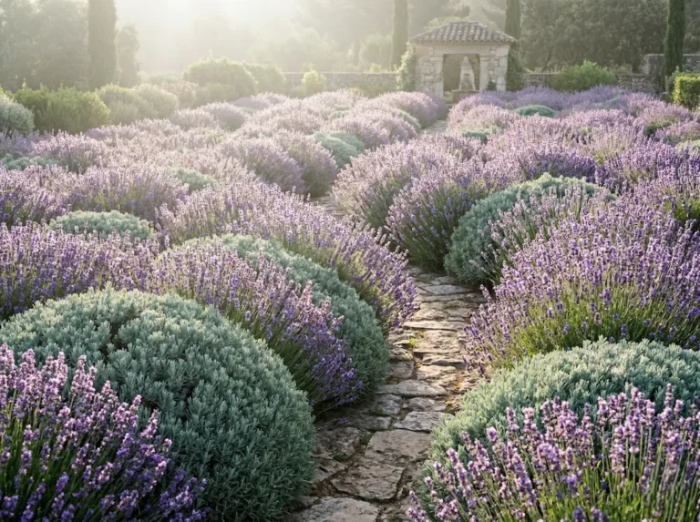 Macizos de lavanda en flor en un jardín mediterráneo profesional con luz de mañana.