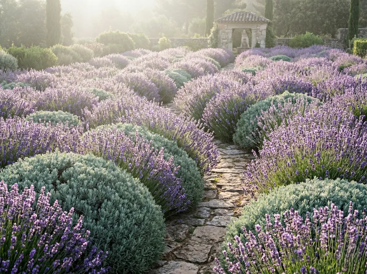 Macizos de lavanda en flor en un jardín mediterráneo profesional con luz de mañana.