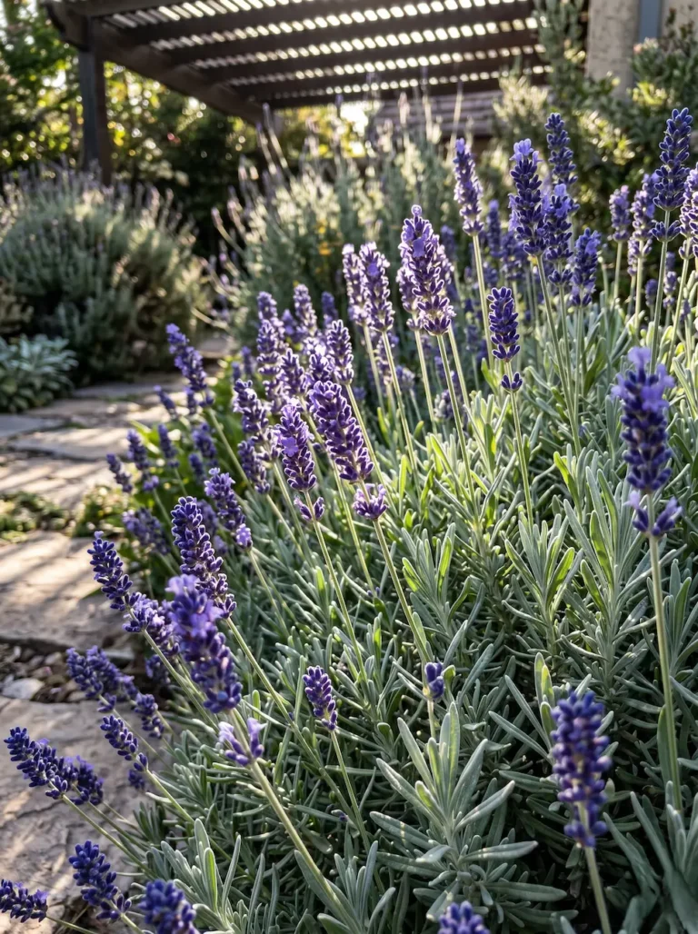 Primer plano fotográfico de las espigas violetas y el follaje plateado de la Lavanda oficinal (Lavandula angustifolia), mostrando una textura botánica impecable.
