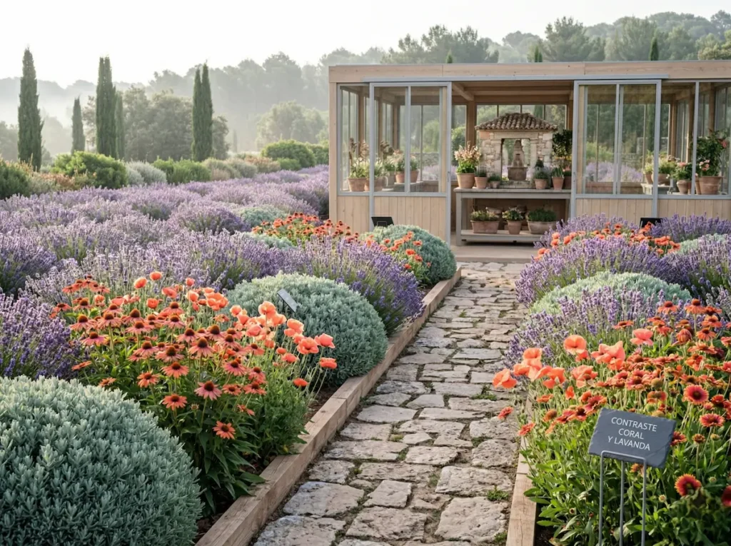 Lavanda integrada con flores de color coral en un entorno de vivero de alta gama.