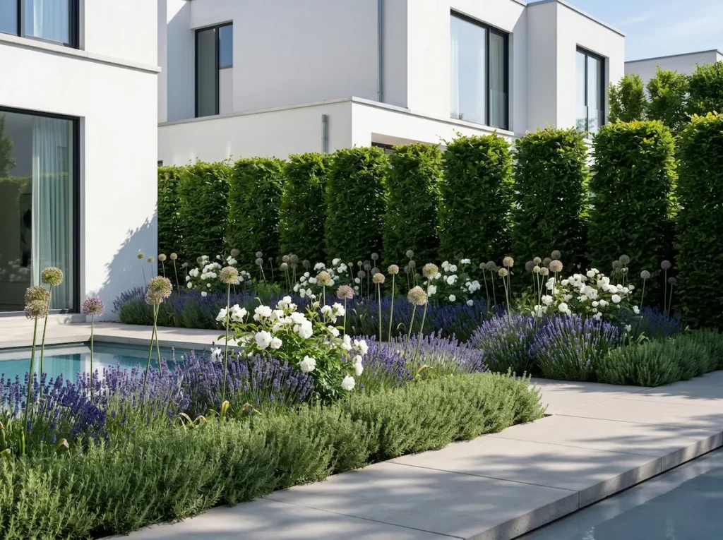 Integración paisajística de volúmenes de Lavanda (Lavandula angustifolia) combinada con Allium y Rosales en un jardín de estética contemporánea.