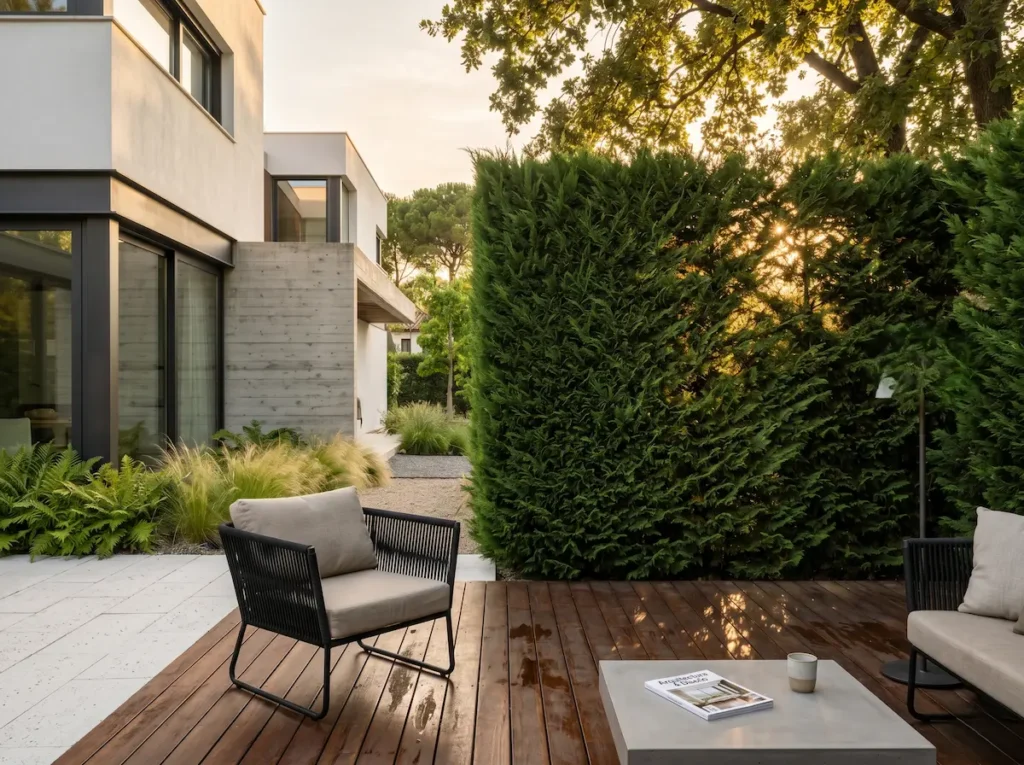 Diseño de jardín contemporáneo con un seto perimetral perfectamente perfilado de Cupressus x leylandii actuando como muro vivo arquitectónico junto a una zona de descanso.