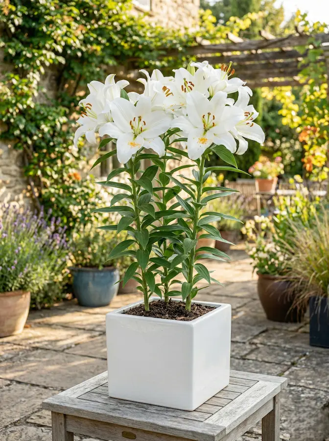 lilium blanco en maceta cuadrada blanca sobre mesa