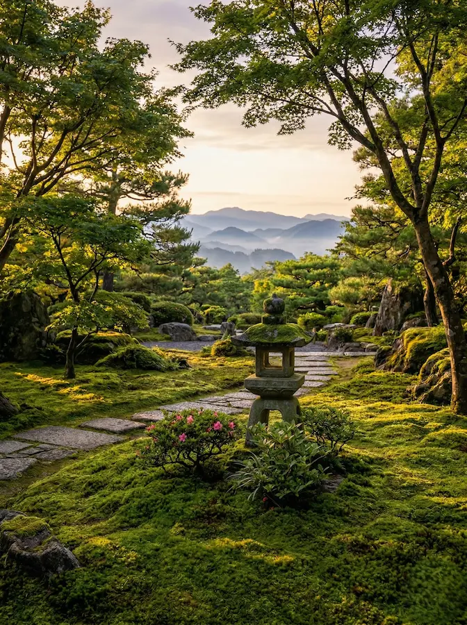 paisaje shaikei con linterna al pie de camino