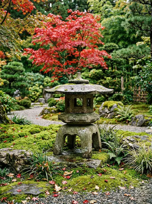 linterna de piedra de estilo Yukimi-doro se asienta sobre un lecho de grava fina y musgo