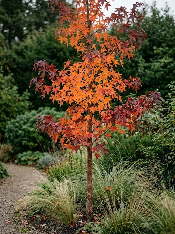 liquidámbar en otoño, porte erecto y piramidal