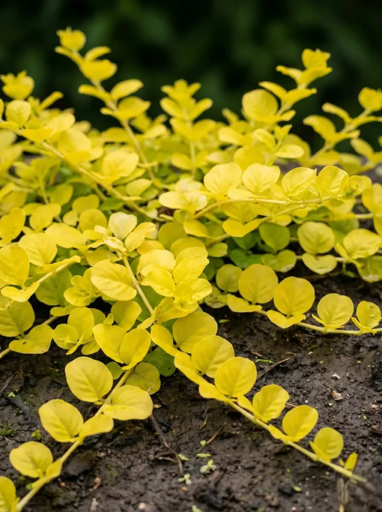 Primer plano fotográfico de las hojas orbiculares y doradas de la Lysimachia nummularia 'Aurea' mostrando su hábito rastrero y su textura satinada.
