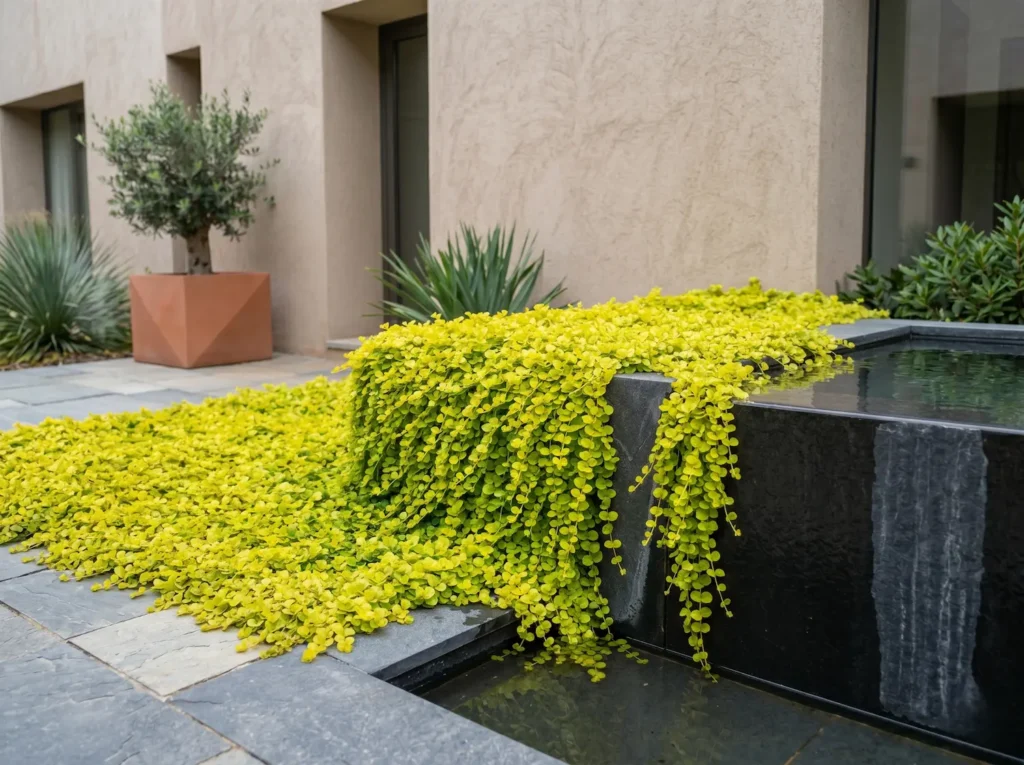 Integración paisajística de Lysimachia nummularia 'Aurea' tapizando el borde de una lámina de agua contemporánea con pavimentos de granito gris.