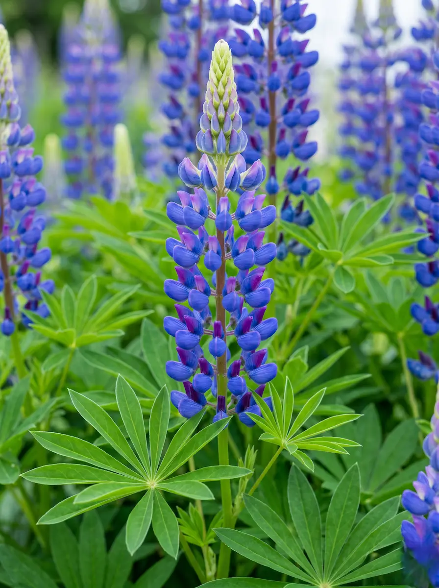 Primer plano fotográfico de la inflorescencia en racimo del Lupinus polyphyllus, mostrando la estructura vertical y el degradado de color de las flores individuales.