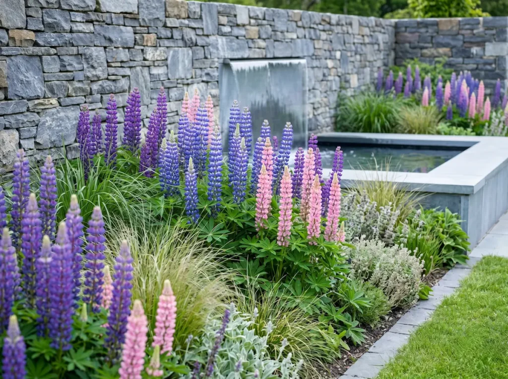 Integración paisajística de Lupinus polyphyllus en un borde naturalista contemporáneo junto a un muro de piedra pizarra gris, capturado con luz fresca matinal.