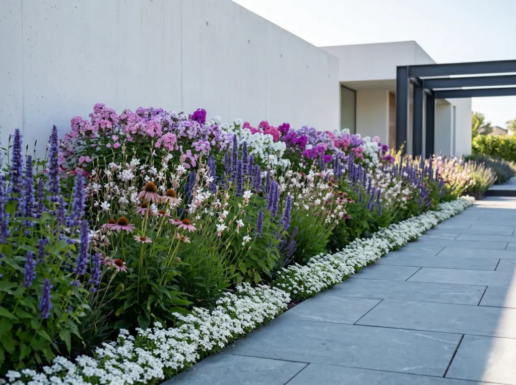 Integración paisajística de Agastache combinado con Echinacea y Gaura en el jardín de un chalet de diseño contemporáneo.
