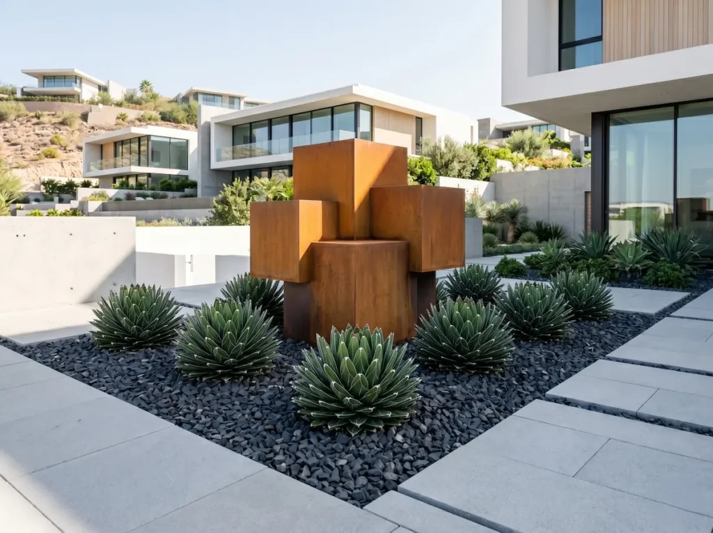 macizo de agave reina victoria con escultura minimalista cúbica en acero corten