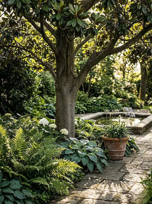 Gran ejemplar de magnolia grandiflora con plantas de sobra al pie.