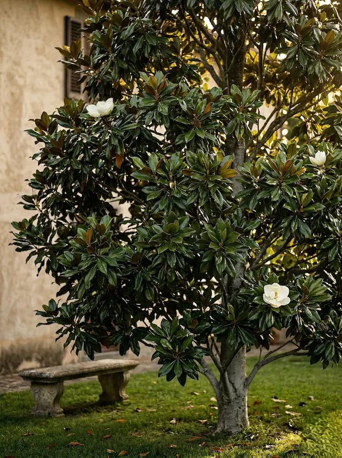 Magnolia grandiflora en jardín junto a fachada y banco de piedra