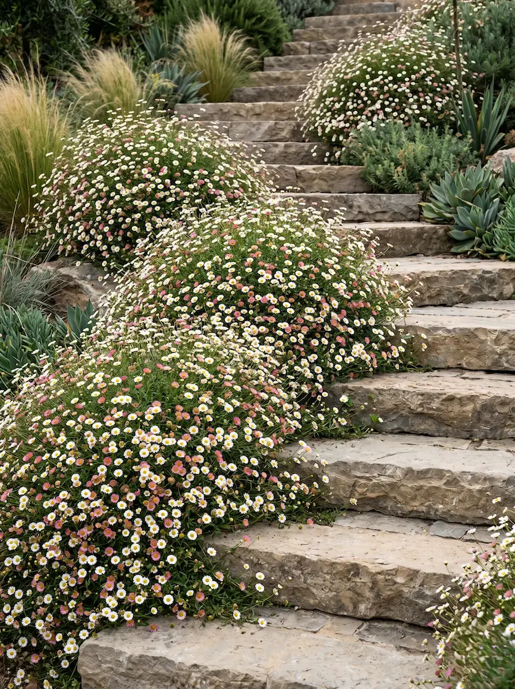 La Margarita cimarrona (Erigeron karvinskianus) clausura el diseño resolviendo los encuentros más complejos del terreno.