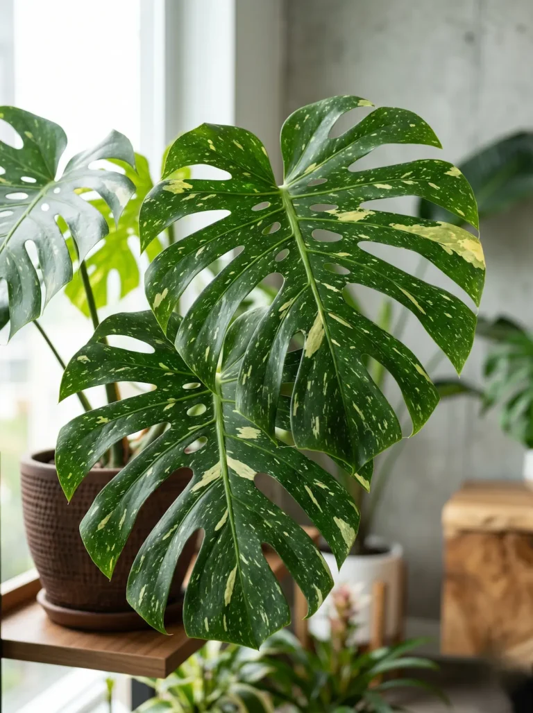 Primer plano fotográfico de las grandes hojas fenestradas de la Monstera 'Thai Constellation', mostrando sus inconfundibles salpicaduras en tonos crema y amarillo pálido.