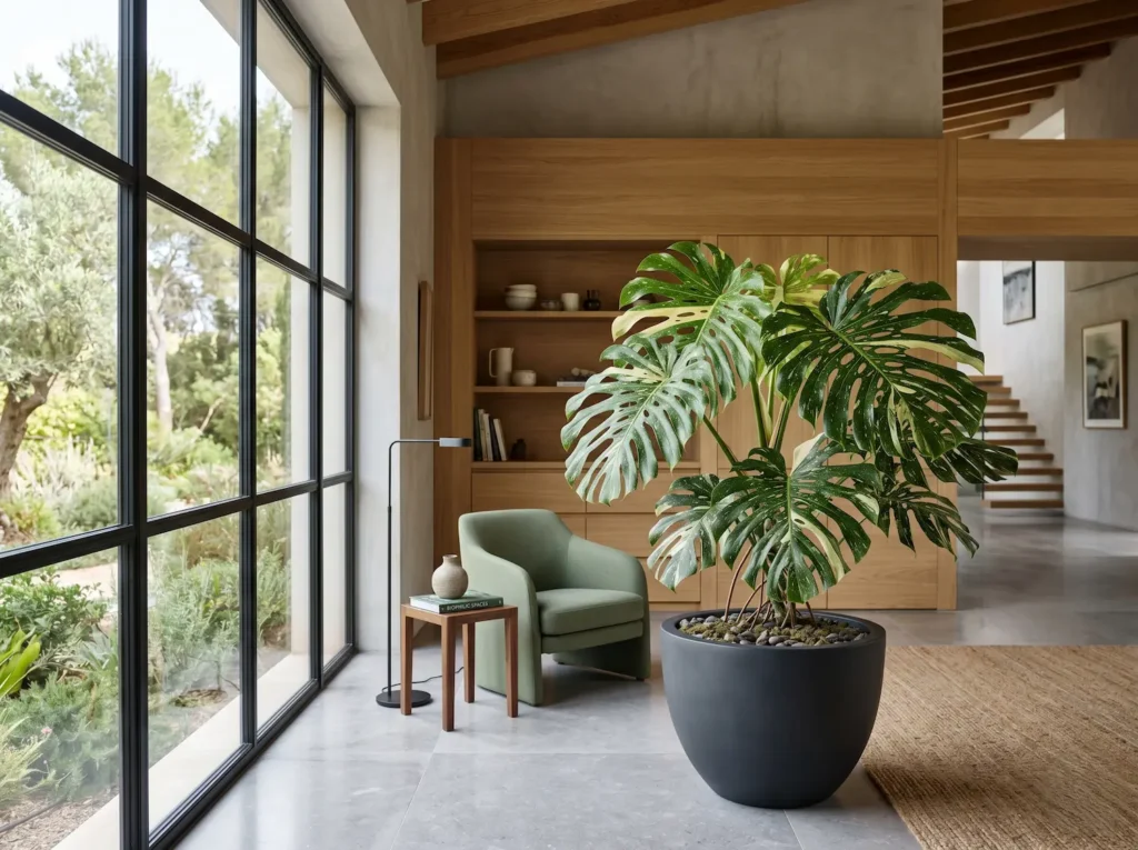 Integración paisajística de la Monstera 'Thai Constellation' aportando volumen escultural en un salón de estética contemporánea con maderas naturales y luz tamizada.