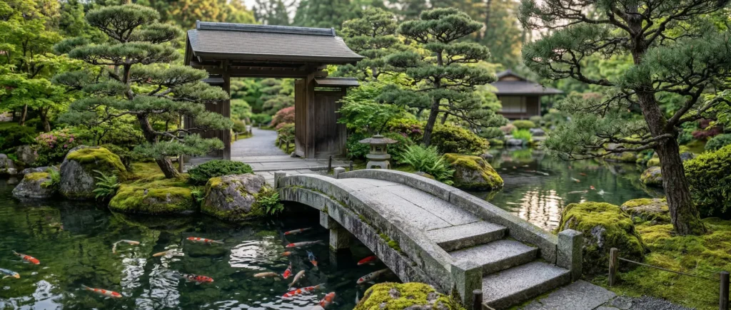 captura la armonía de un jardín de paseo en su madurez. Destaca el contraste entre la verticalidad de los pinos Niwaki y la horizontalidad de un puente de piedra en perfecto estado.