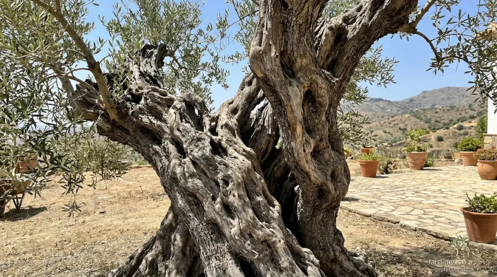El tronco esculpido del olivo centenario funciona como una escultura orgánica