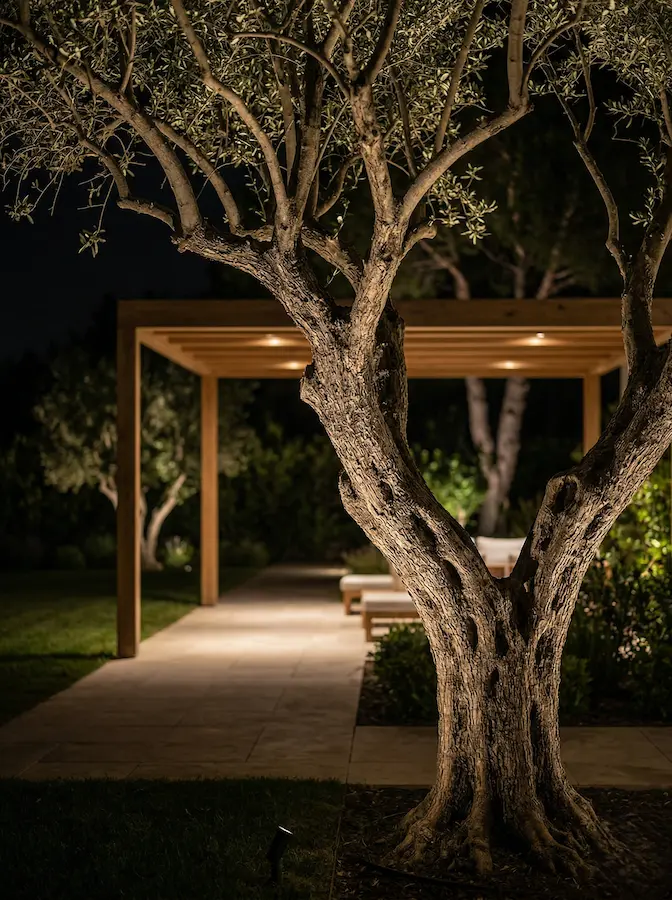 Vista nocturna escenográfica de jardín con olivo maduro resaltado por sutil iluminación técnica ascendente.