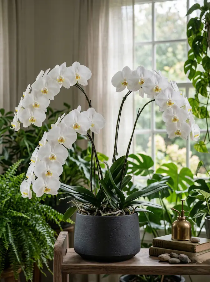 Phalaenopsis de color blanco puro situadas en un espacio de transición minimalista