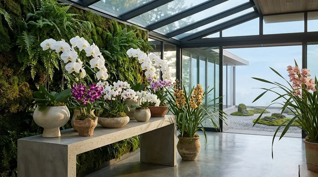 conjunto de orquideas y cimbidium enmacetadas con fondo de Helechos