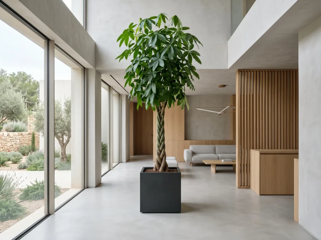 Integración paisajística del Pachira aquatica aportando escala y estructura escultural en un espacio interior de estética contemporánea con luz natural.