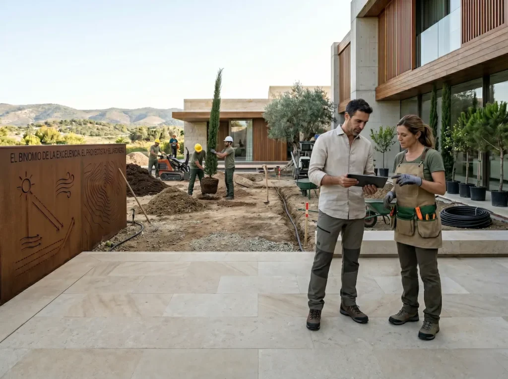 paisajista y jardinera trabajando codo a codo