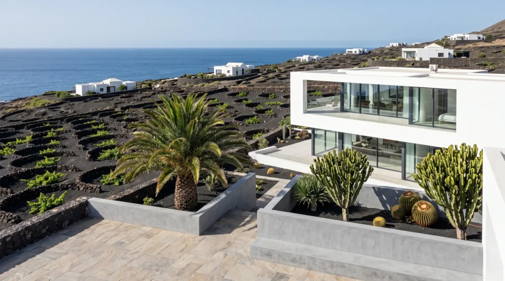 panorámica del chalet, se percibe una disposición magistral de líneas puras que respetan la orografía original