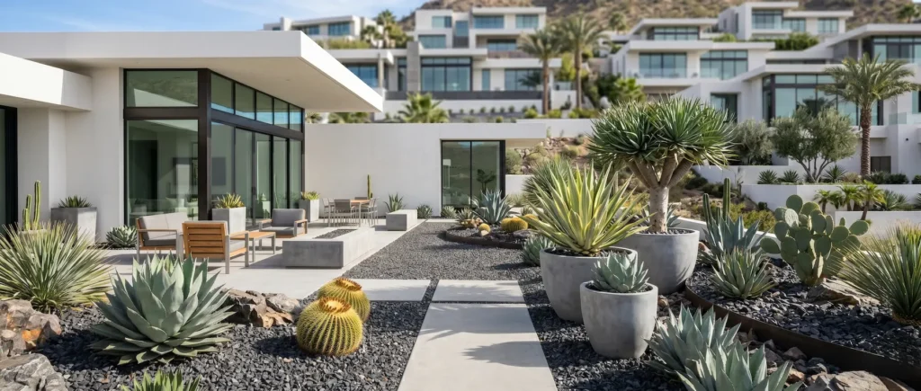 panorámica de jardín costero con suculentas y cactus