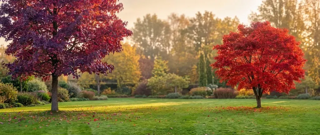 panorámica de jardín grande con ejemplar de liquidambar y Arce Red point en otoño