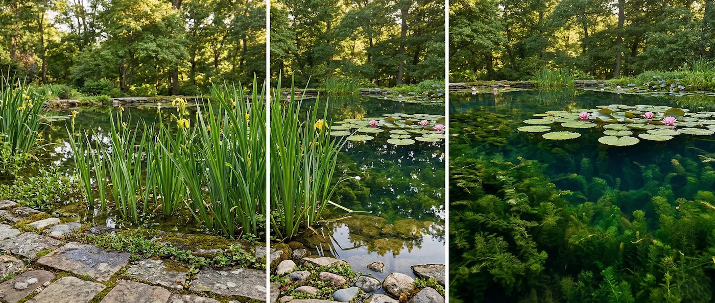 panoramica con detalles de estanque con plantas acuáticas