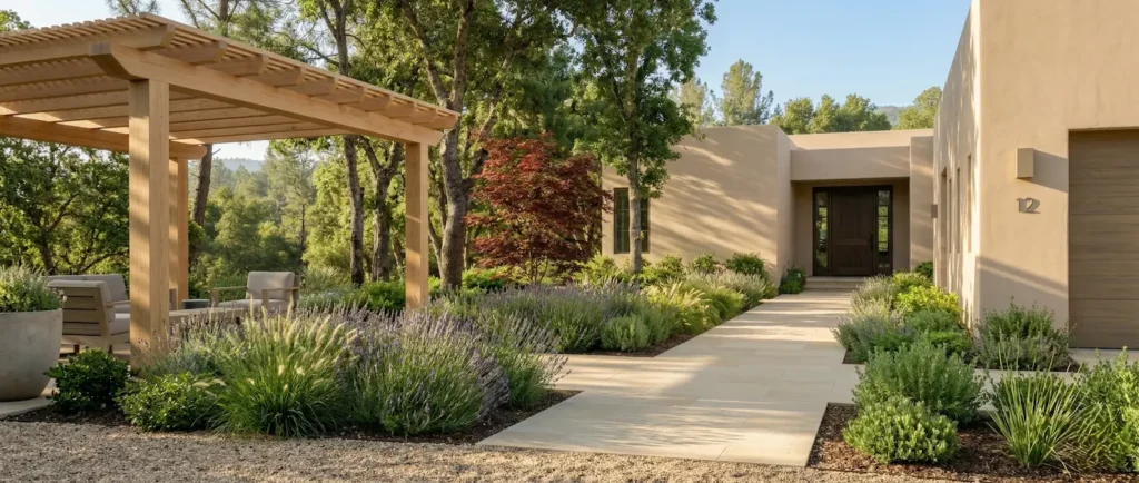 Composición ultra-panorámica de acceso de casa moderna con pérgola de roble y camino de arenisca pulida, bajo luz de mañana Mediterránea.