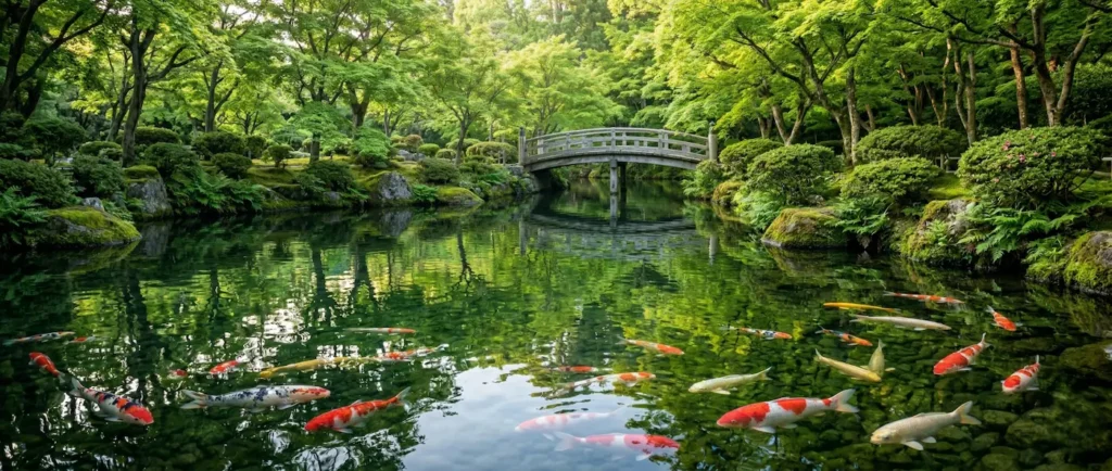 estanque de aguas cristalinas donde las carpas aportan pinceladas de color naranja y blanco. Al fondo, un puente de madera de líneas sencillas y pátina grisácea establece una conexión arquitectónica con el entorno
