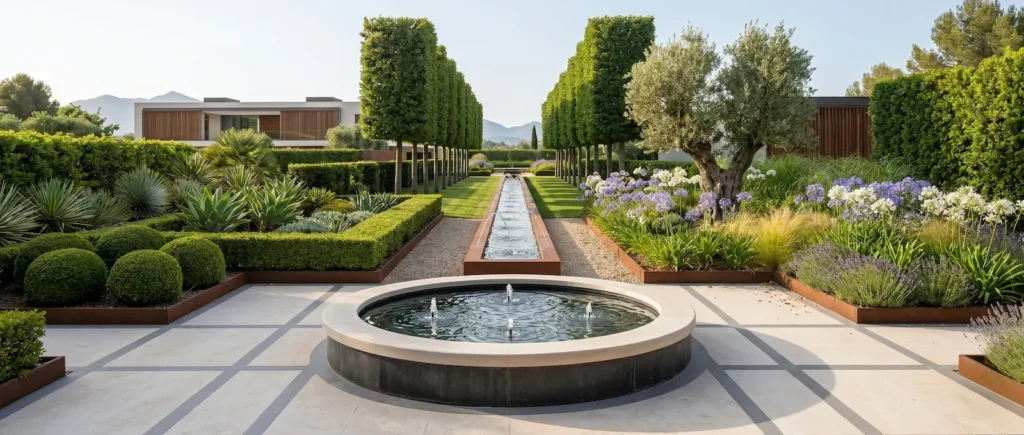 panorámica de jardín geométrico en