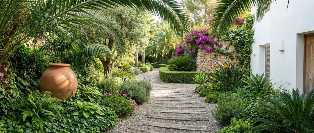 panorámica transitando por jardín mediterraneo con paso de grava y madera, muros de piedra y vegetación exuberante