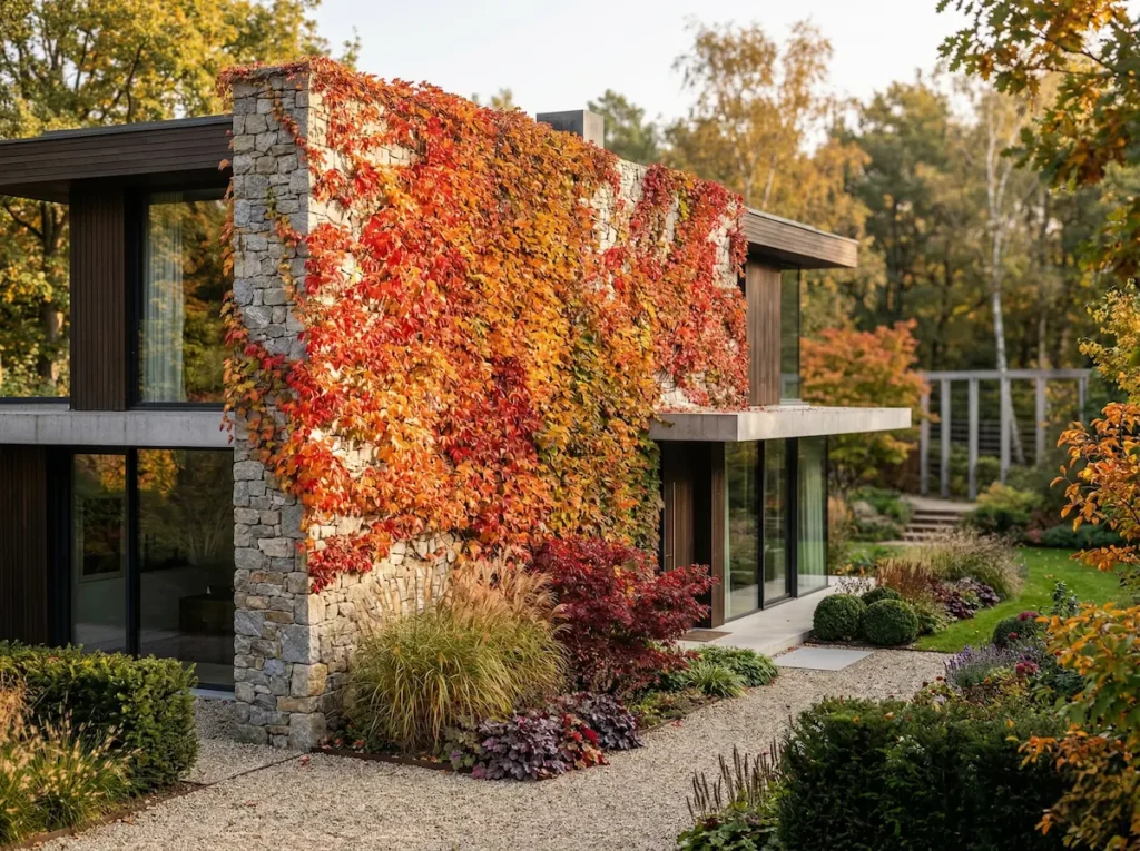 Fachada de piedra cubierta por Parra virgen en pleno apogeo cromático otoñal.
