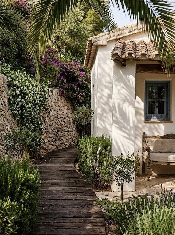 blanco inmaculado de la fachada de la vivienda resalta la densidad del verde, mientras que la madera oscura del sendero aporta calidez cromática al conjunto