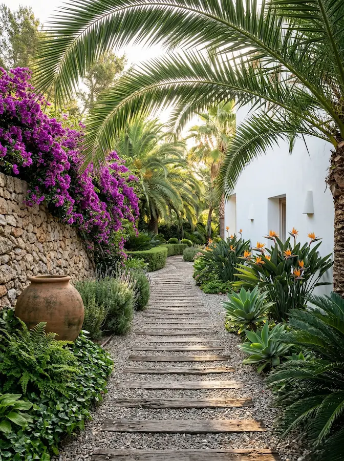 muro de piedra seca (mampostería tradicional) y la explosión cromática de la buganvilla.