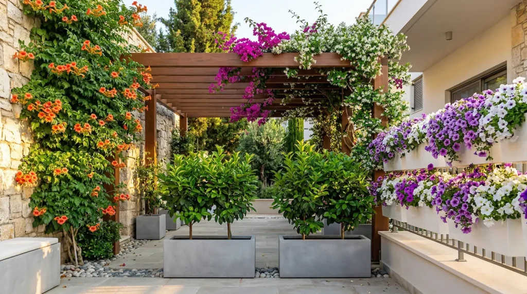 patio con pèrgola con trepadoras y plantas colgantes 