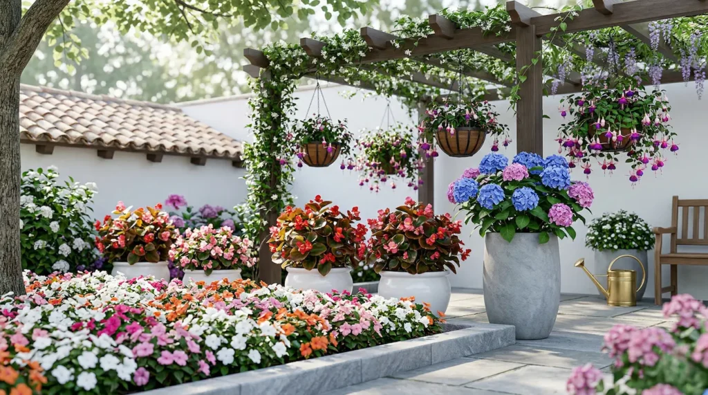 Impatiens (Alegrías) multicolor unifica el suelo, delimitada por un borde de piedra limpio y pulido. Tras ellas, grandes macetones de Hortensias azules y rosas, junto a composiciones de Begonias de follaje ceroso en macetas blancas esmaltadas, aportan estructura y volumen.