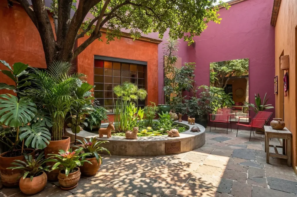 un muro magenta enfrentado a un naranja vibrante. Un estanque circular central y un espejo de gran formato