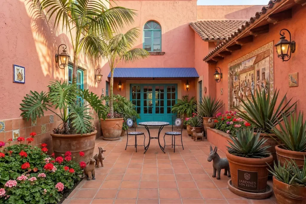 paramentos color salmón y carpinterías azules. La presencia de murales artísticos y azulejos