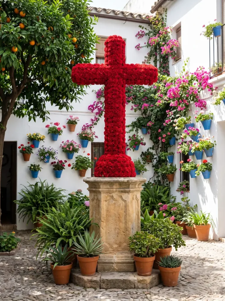 Cruz escultórica elaborada con claveles rojos (Dianthus caryophyllus) anclada sobre un pedestal de piedra en una plaza cordobesa, enmarcada por un naranjo amargo y arquitectura vegetal de estética impecable.