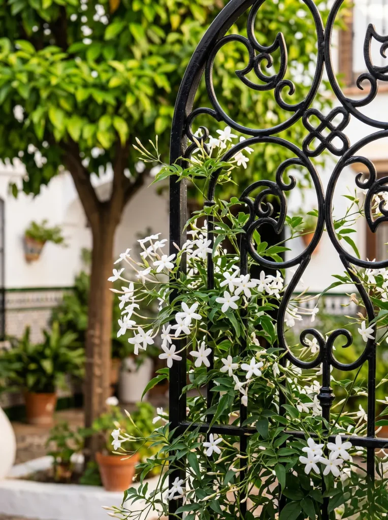 Primer plano del follaje y la delicada floración blanca del jazmín (Jasminum officinale) entrelazado en una celosía de hierro forjado, evocando la calidad olfativa y el diseño cuidado de los jardines andaluces.