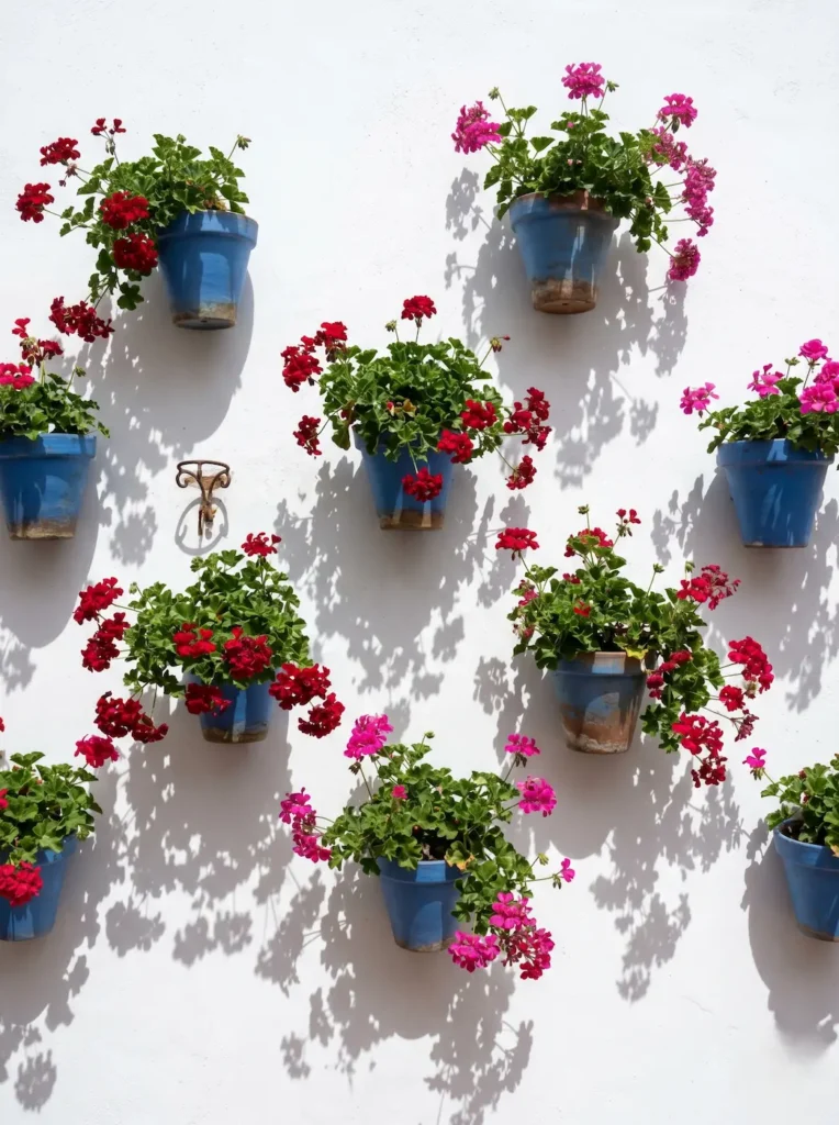 Muro blanco tradicional exhibiendo un tapiz botánico de macetas asimétricas con gitanillas (Pelargonium peltatum). La composición destaca por sus áreas de espacio negativo y una pátina elegante que reafirma su calidad espacial.