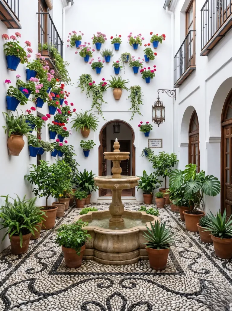 Fotografía arquitectónica de un patio cordobés donde una fuente central de piedra inmaculada articula el espacio, rodeada por macetas dispuestas orgánicamente que demuestran un estándar profesional de mantenimiento.